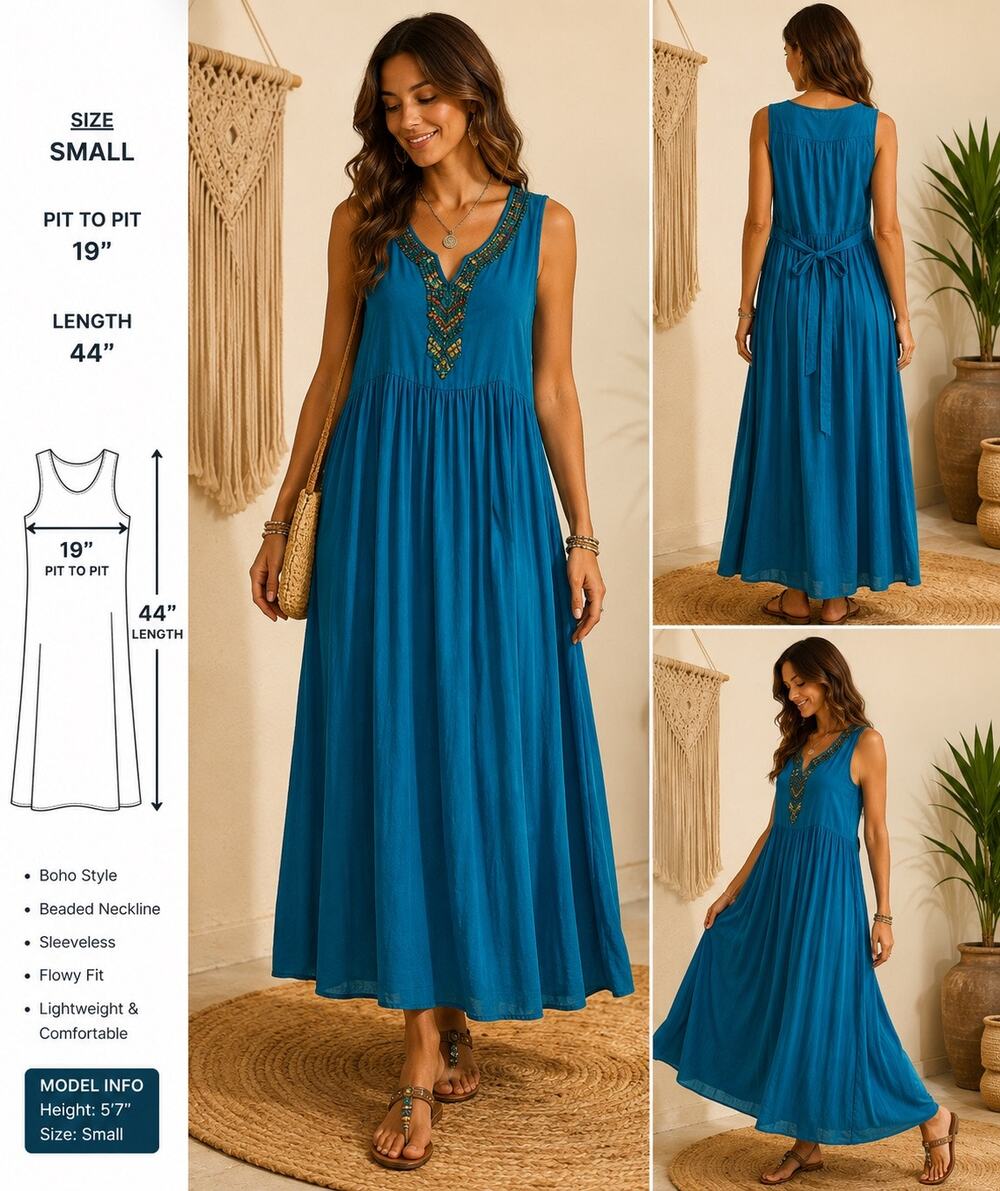 Tango Mango Blue Beaded Maxi Lined Belted Dress Size S With Pockets!! Cottage
